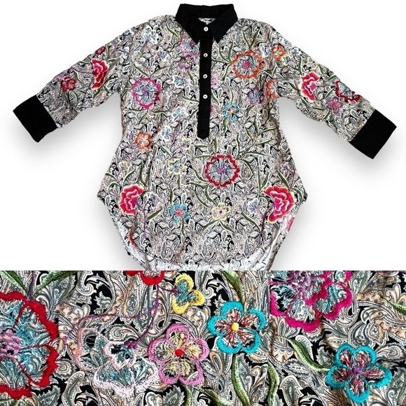 PONG Poco Ltd Popover Blouse Black Paisley Floral Embroidery Boho Size XS - Picture 1 of 11